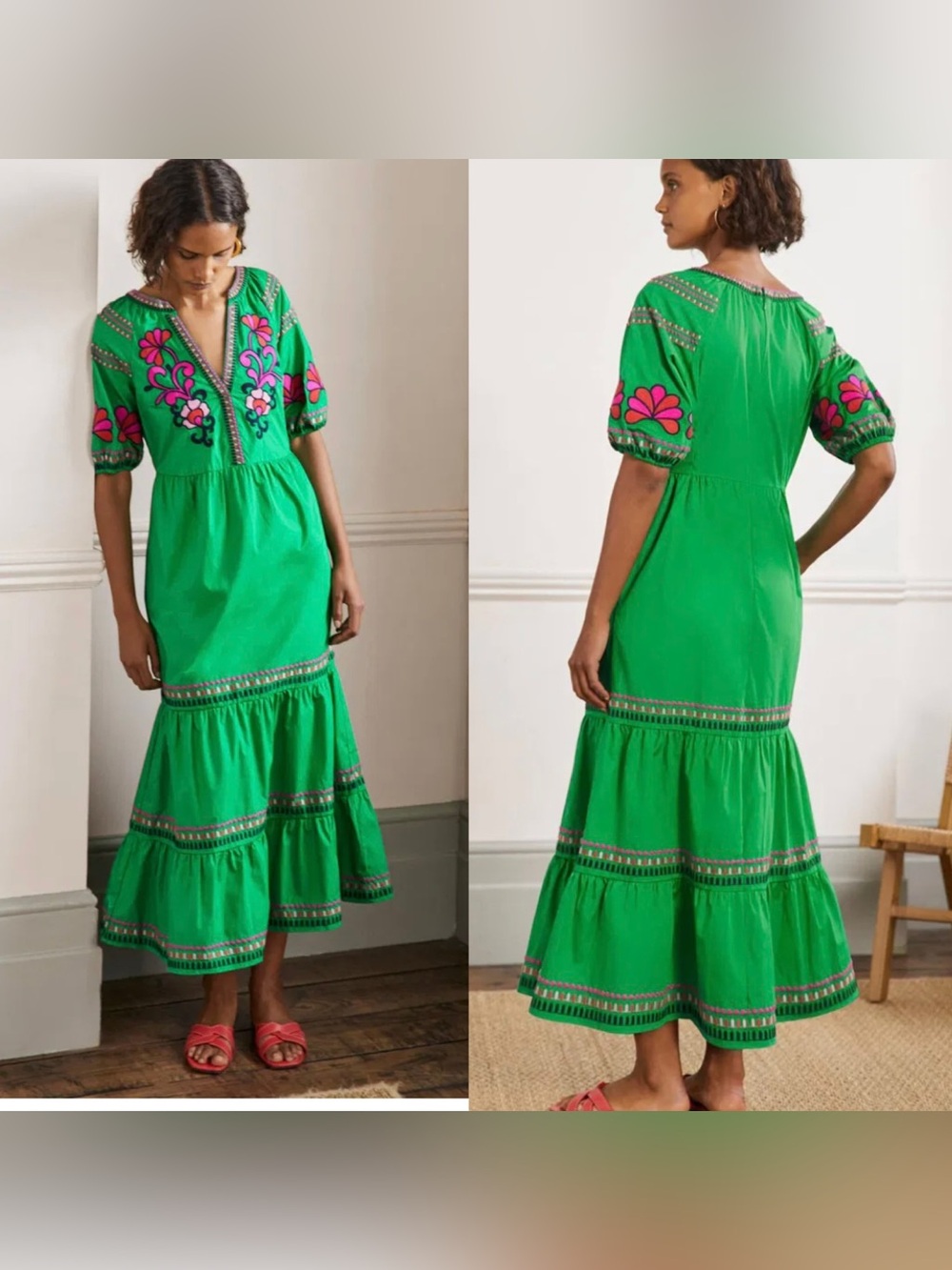 Boden Green Maxi Dress with Pink Embroidered Accents